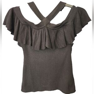 Boston Proper black knit top with straps and off shoulder sleeves